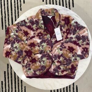 Johnny Was Calme Printed Fleece Jacket NEW sz M Multi Color Burgundy Bamboo